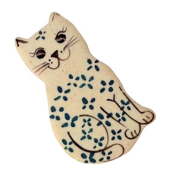 Blue & White Cat Brooch Pin 1 3/8" Signed THW Cute Kitty Kitten - Picture 7 of 13